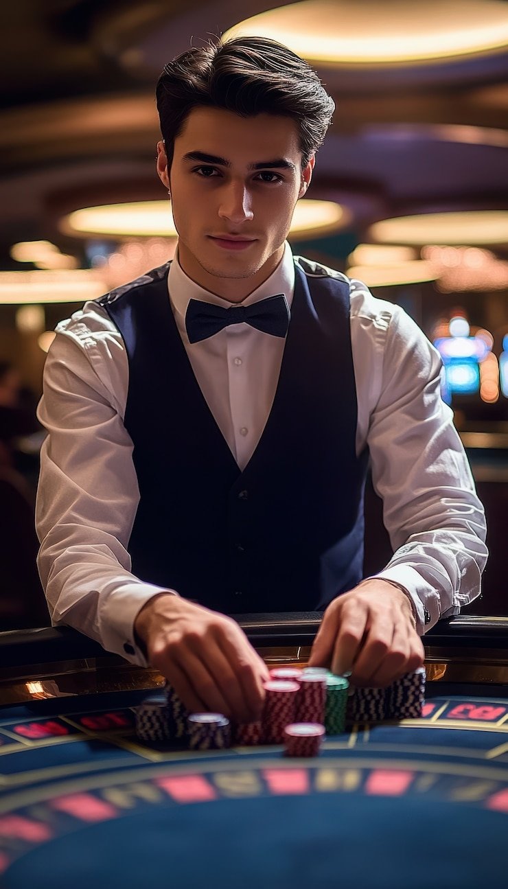 Berbagai meja Asia Gaming di studio: blackjack, baccarat, Dragon Tiger, dan roulette dengan dealer siap melayani