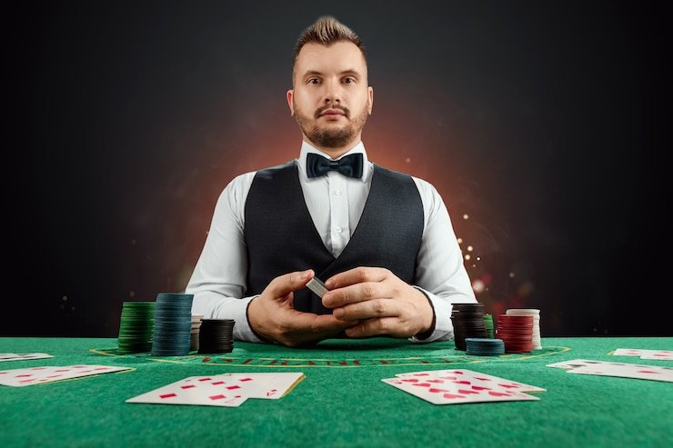 Interior studio dealer European Roulette bizz77game dengan pencahayaan profesional dan setup multi-kamera